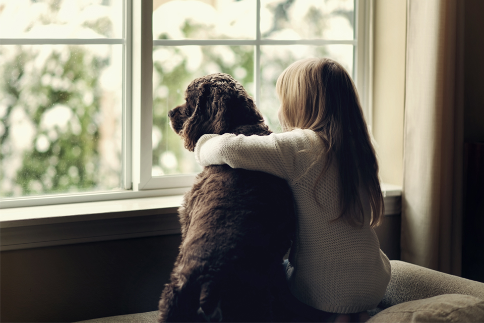 young girl hugging dog while looking out a window